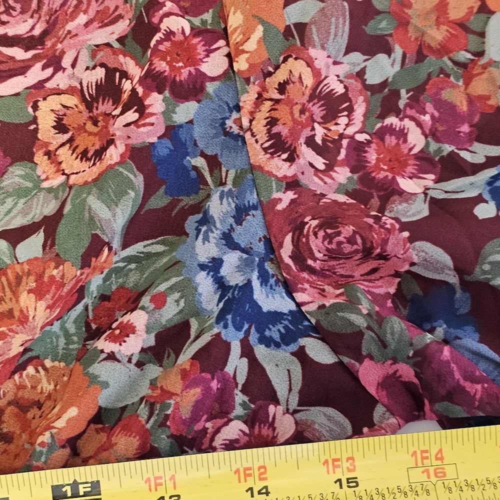 AURA Floral Maxi Dress Burgundy Boho Mock Neck Lantern Sleeve Tiered Belted L - Picture 9 of 11